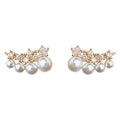 Gold Curved Pearl Clear Crystal Cluster Stud Earrings view 5