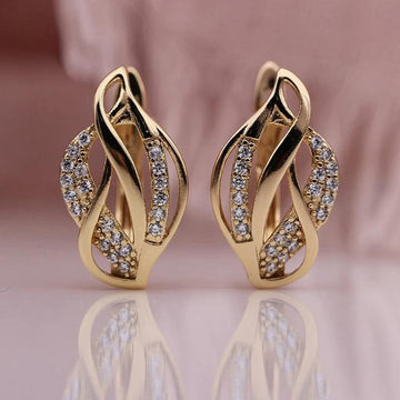 Openwork Leaf Ribbon Clear Stone Stud Earrings Gold Tone