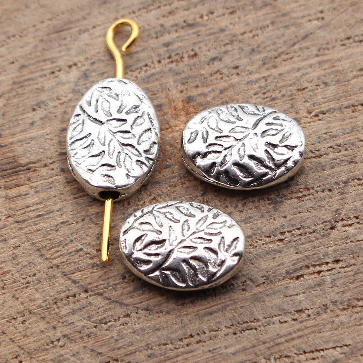 10x8x3mm 0.78g Antique Silver Zinc Alloy Branch Texture Oval Flat Spacer Beads for Bracelet Making