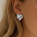 Hammered Texture Heart Stud Earrings Gold Steel Bold Metal view 3