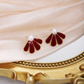 Red Five Petal Fan Pearl Look Statement Stud Earrings view 2