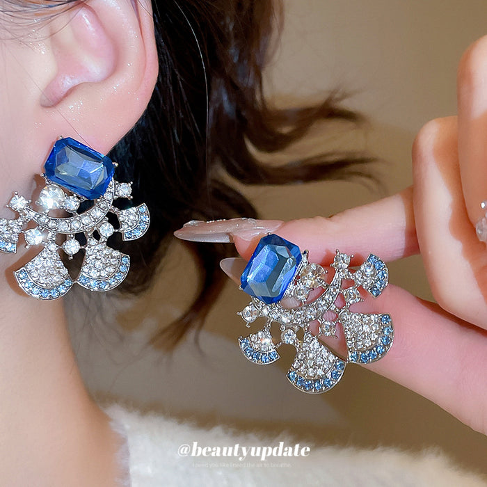 Blue Square Crystal Earrings with Clear Fan Shaped Dangles