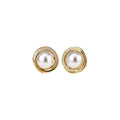 Gold Tone Round Faux Pearl Clear Crystal Stud Earrings view 5