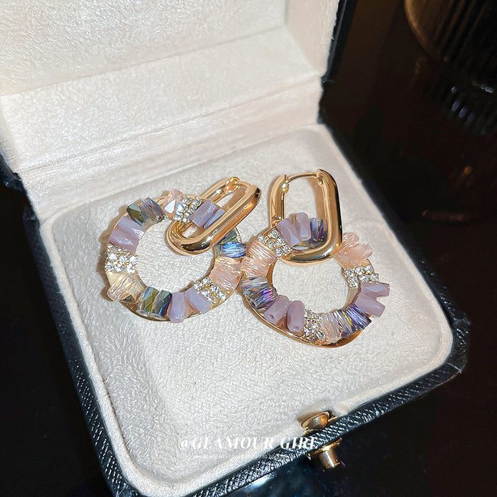 Gold Tone Hoop Earrings With Iridescent Crystal Fans