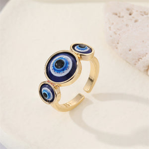 Gold-Tone Triple Evil Eye Ring, Adjustable Open Band With Blue Resin