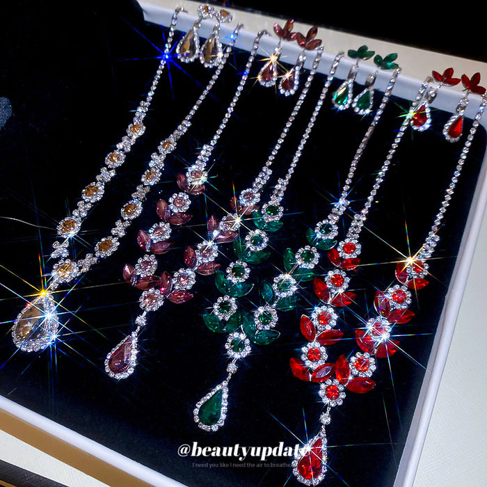 Silver Rhinestone Flower Teardrop Necklace Earring Sets