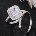 Silver Tone Rectangular Halo Crystal Ring Set Fashion Jewelry view 4