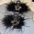 Black Feather Rhinestone Flower Small Shark Claw Hair Clip view 2