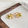 Rose Gold Cream Enamel Flower Green Leaf Stud Earrings view 4