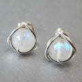 White Metal Wire Wrap Round Moonstone Look Stud Earrings view 2