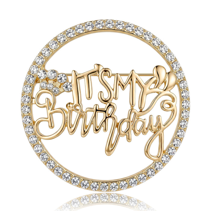 Crystal Happy Birthday Circle Brooch in Two Metal Tones