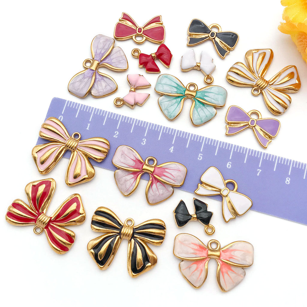 Stainless Steel Gold Enamel Bowknot Butterfly Charm Pendant for Earrings Necklace DIY Jewelry