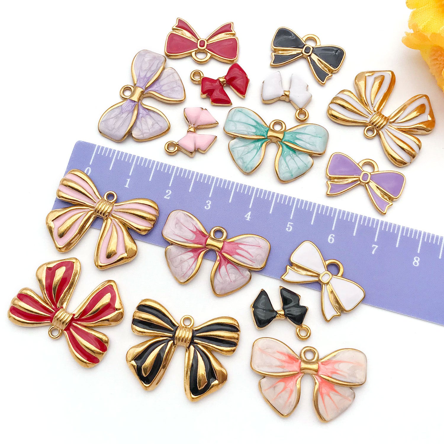 Stainless Steel Gold Enamel Bowknot Butterfly Charm Pendant for Earrings Necklace DIY Jewelry