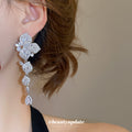 Silver Tone Crystal Leaf Drop Earrings With Teardrop Dangles view 3