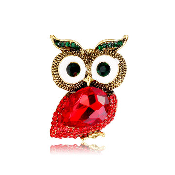 Red Gold Tone Owl Crystal Two Designs Metal Brooch Pin