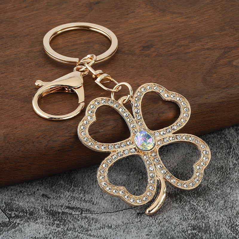 Green Four Leaf Clover Rhinestone Keychain for Women's Bag Charm