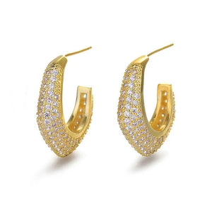 Gold Tone Curved Leaf Pavé Huggie Hoop Earrings With Clear Stone Accents