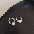 Silver Tone Cube and White Pearl Open Hoop Stud Earrings view 6