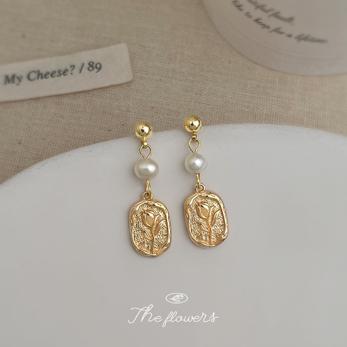 Gold Ball Stud White Pearl Tulip Embossed Drop Earrings