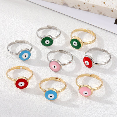 Main product view of gold and Silver Tone Round Enamel Evil Eye Adjustable Open Rings in Eight Colors