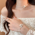 Silver Open Flower Studs Pearl White Flower Necklace Bracelet Three view 2