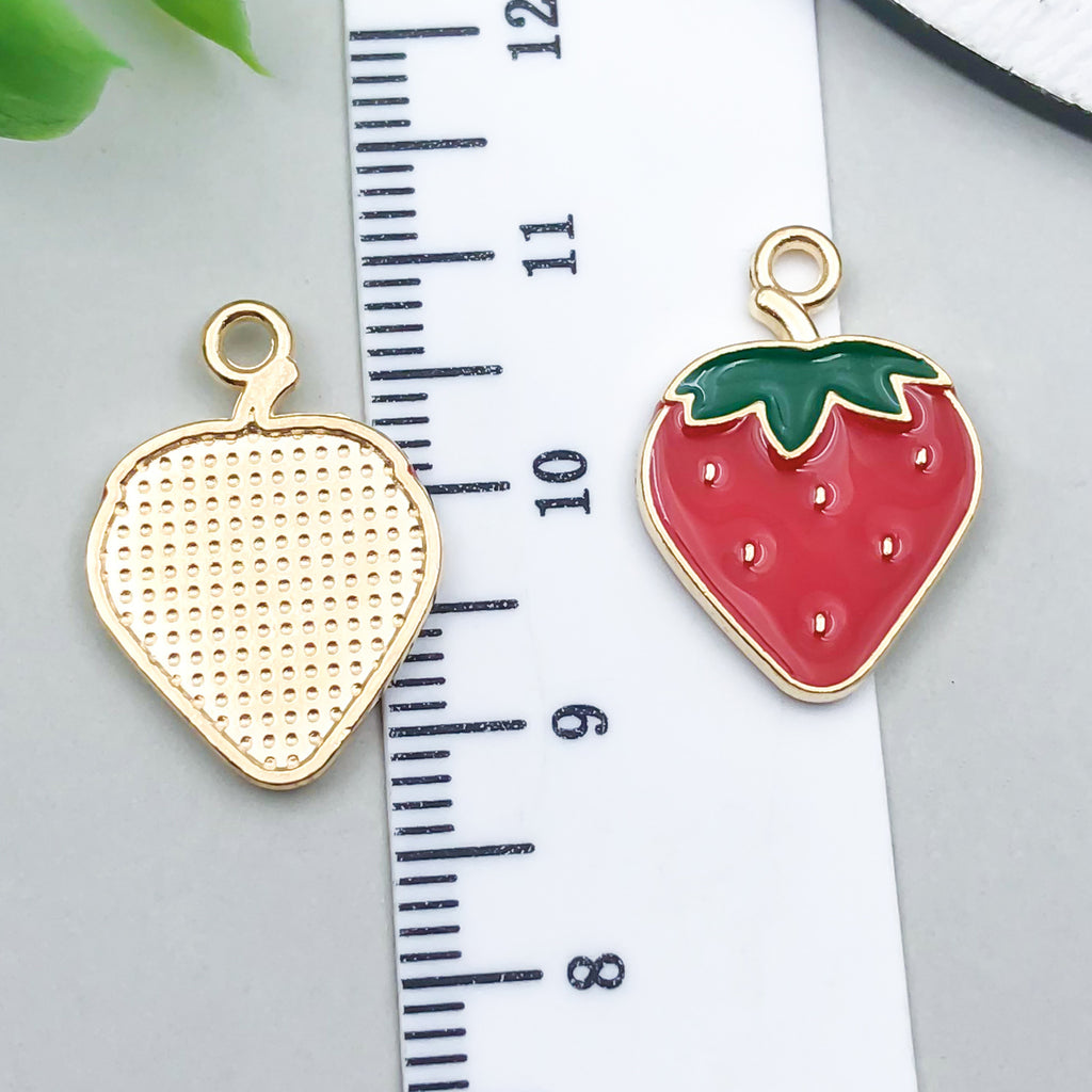 Enamel Zinc Alloy Red Strawberry Fruit Charm Pendant for Earrings Bracelets and Necklaces