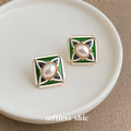 Green Enamel Diamond Pearl Center Stud Earrings Gold Tone view 3