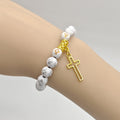 White Cross Bead Stretch Bracelet Gold Cross Charm view 3