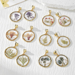 Gold Tone Framed Botanical Clear Round Drop Earrings Six Styles