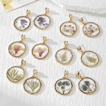 Gold Tone Framed Botanical Clear Round Drop Earrings Six Styles