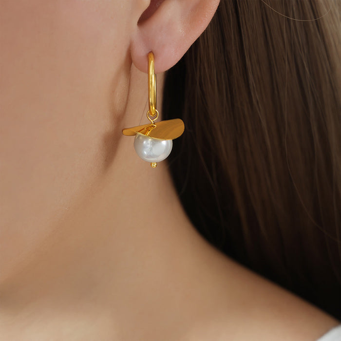 Gold Hoop Earrings White Pearl Curved Metal Disc Drop
