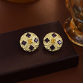 Gold Round Purple Square Center Statement Stud Earrings view 3