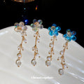 Blue And Green Flower Earrings With Crystal Chain Drops view 2