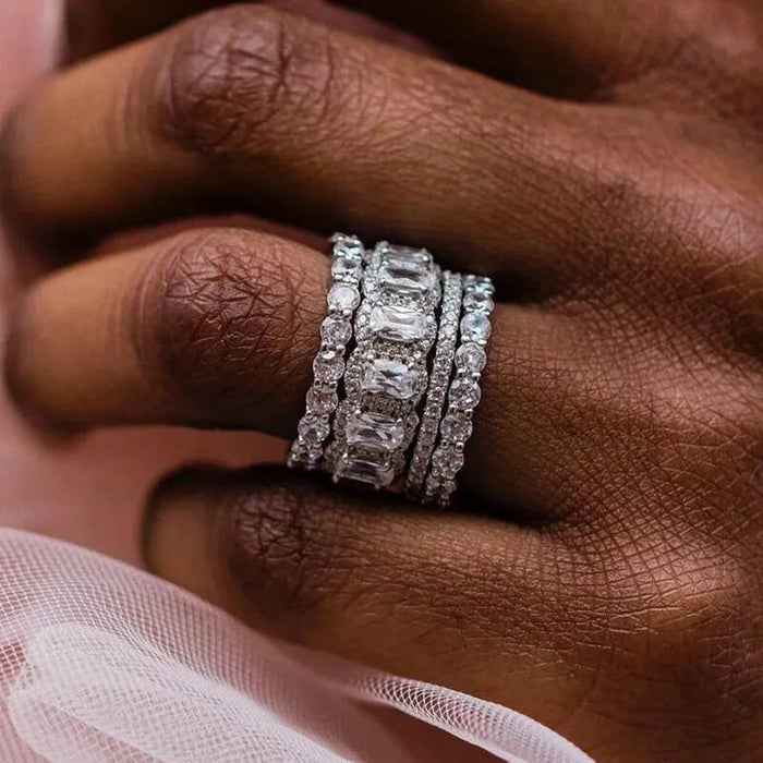 Rectangular Clear Stone Three-Ring Stacking Set In Silver Tone