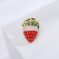 Gold Tone Enamel Strawberry Pin Brooch Green Crystal Leaves view 6