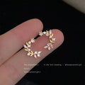 Gold Tone Pink Stone Leaf Branch Curved Stud Earrings For Women view 4