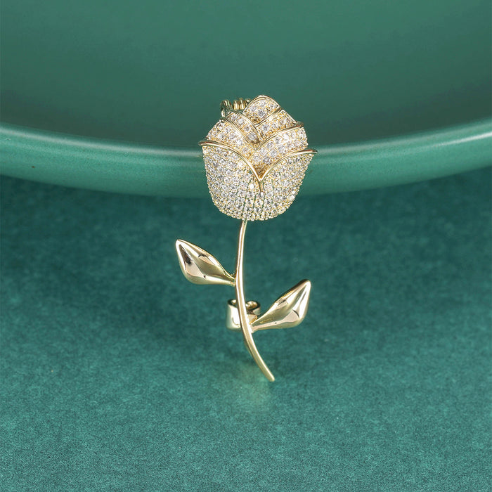 Long Stem Crystal Rose Brooch in Gold or Silver Tone