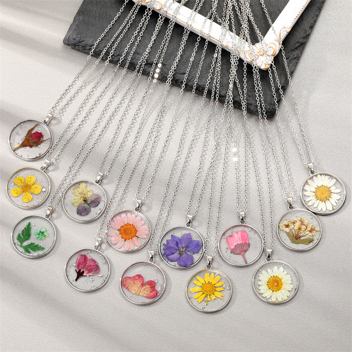 Twelve Design Silver Tone Round Resin Pressed Flower Pendant Necklaces