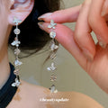Long Butterfly Drop Earrings With Leaf And Crystal Chains view 3