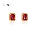Gold Rectangular Red Stone Stud Earrings Beaded Frame Pair view 1