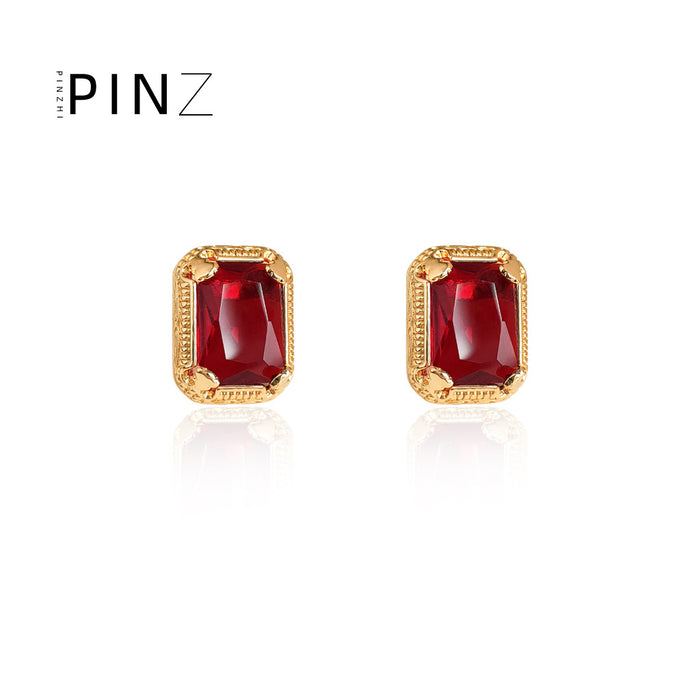 Gold Rectangular Red Stone Stud Earrings Beaded Frame Pair