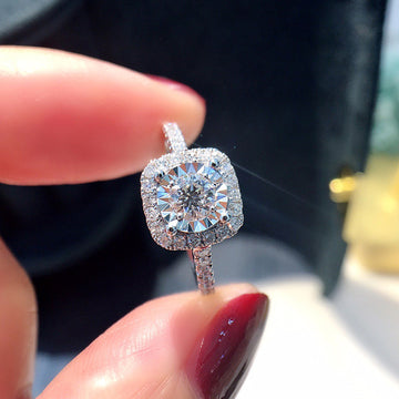 Cushion Halo Crystal Ring with Pavé Silver Tone Band