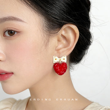 White Bow Red Pave Heart Drop Stud Earrings Matching Pair