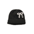 Fuzzy Bow Motif Knit Beanie Hat In Gray And Black Tones view 5