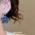 Deep Blue Crystal Layered Floral Statement Drop Earrings view 4