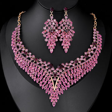 Black Silver Tone Pink Crystal Chevron Crystal Five Designs Metal Necklace and Earring Set