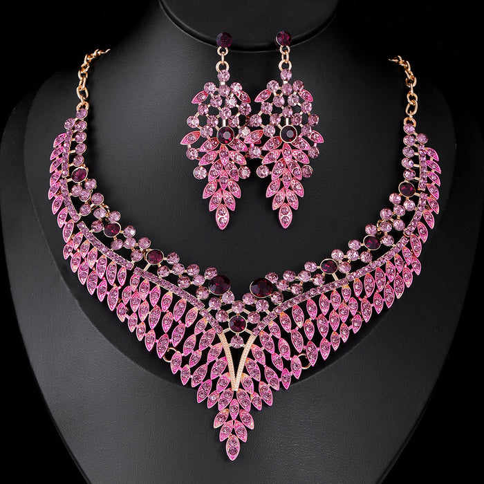 Black Silver Tone Pink Crystal Chevron Crystal Five Designs Metal Necklace and Earring Set