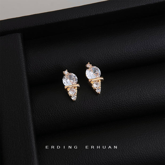 Gold Tone Clear Stone Ice Cream Cone Stud Earrings For Women