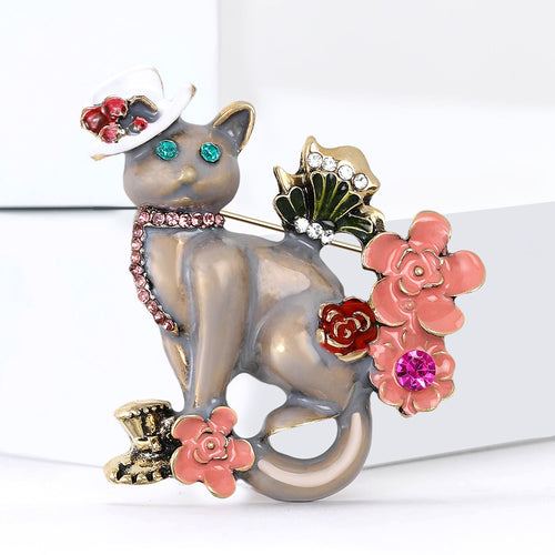 Enamel cat brooch side angle on white display block
