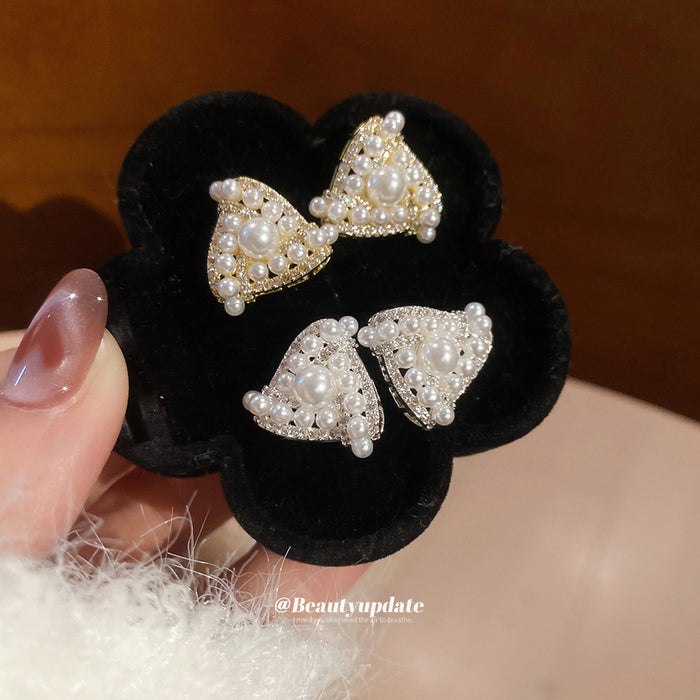 White Faux Pearl Cluster Rounded Triangle Stud Earrings
